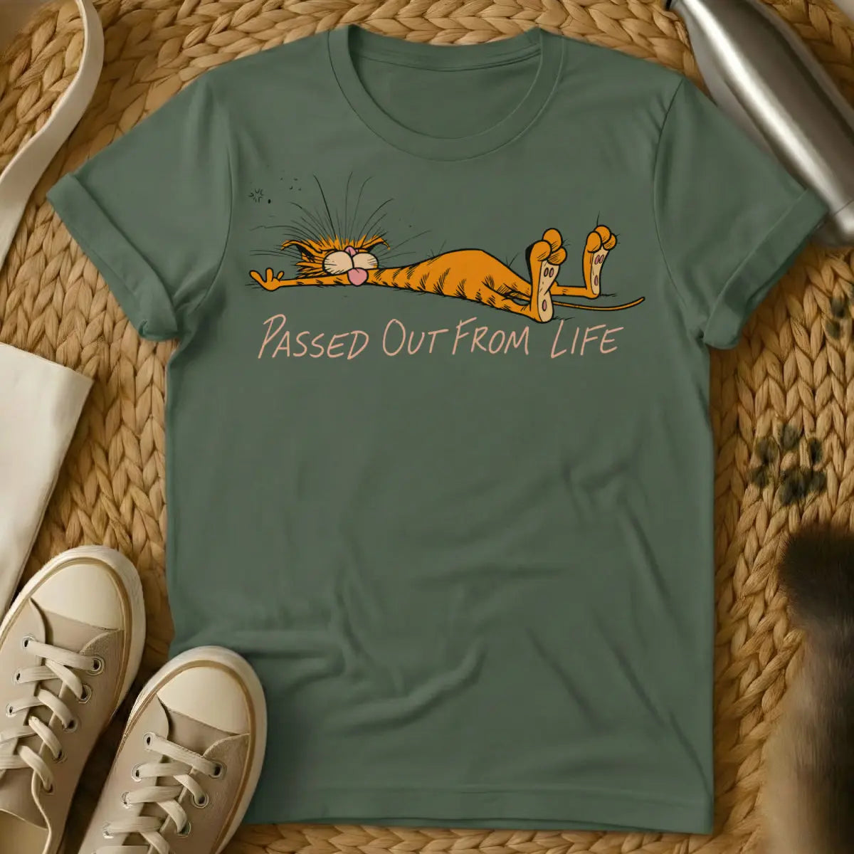 Tired Cat Shirt - Military Green Cat T-Shirt