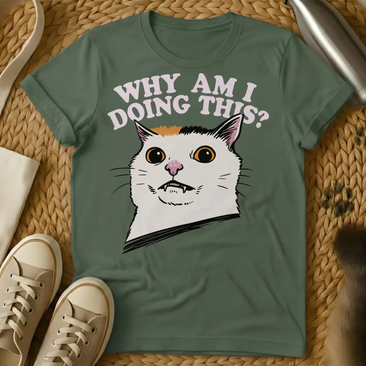 Why Am I Doing This Tee - Military Green Cat T-Shirt