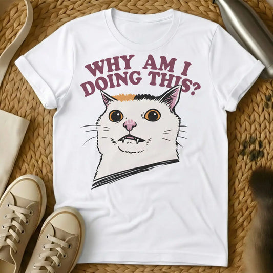 Why Am I Doing This Tee - White Cat T-Shirt