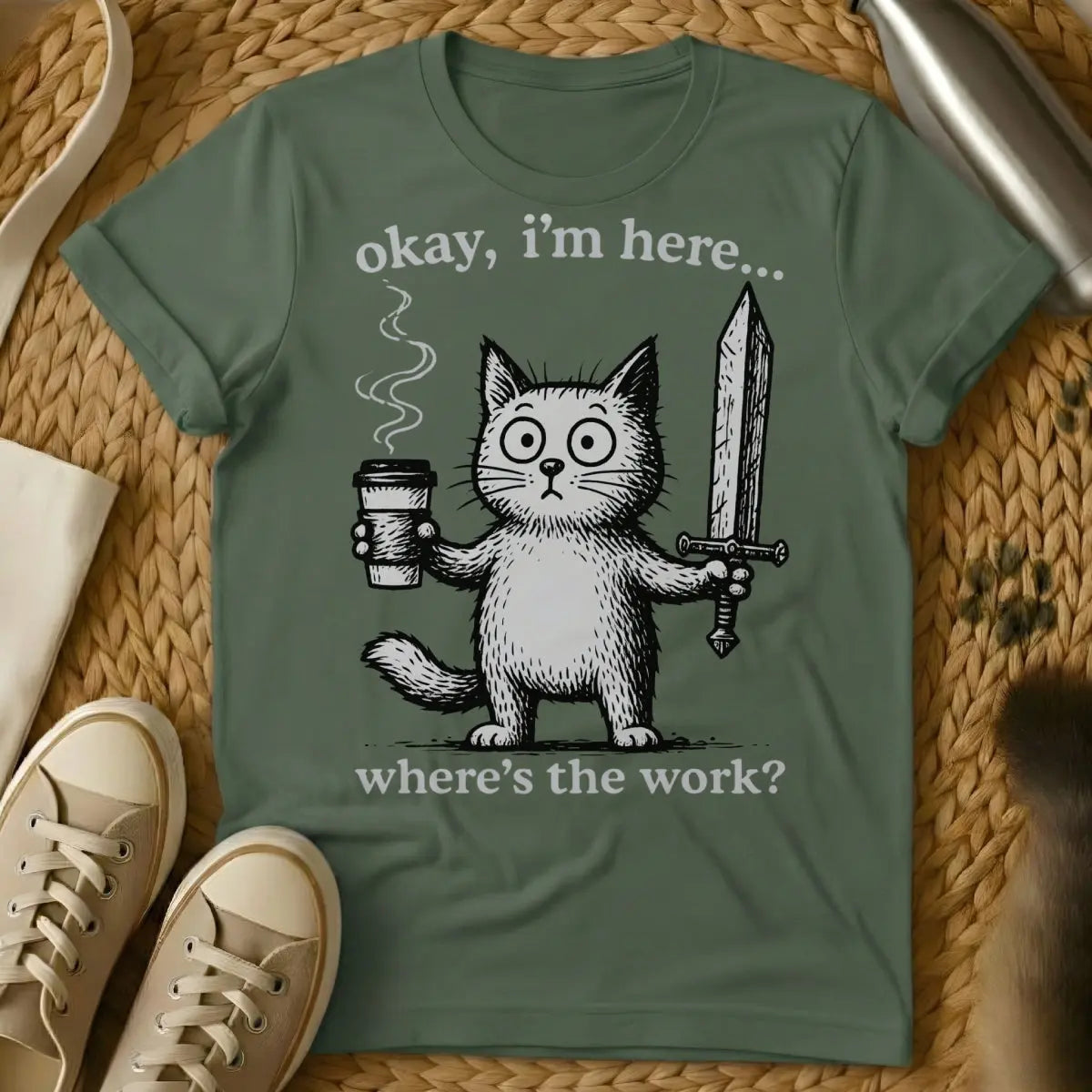 I Am Here Shirt - Military Green Cat T-Shirt