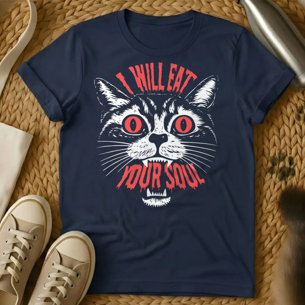 I Will Eat Your Soul Tee - Navy Cat T-Shirt