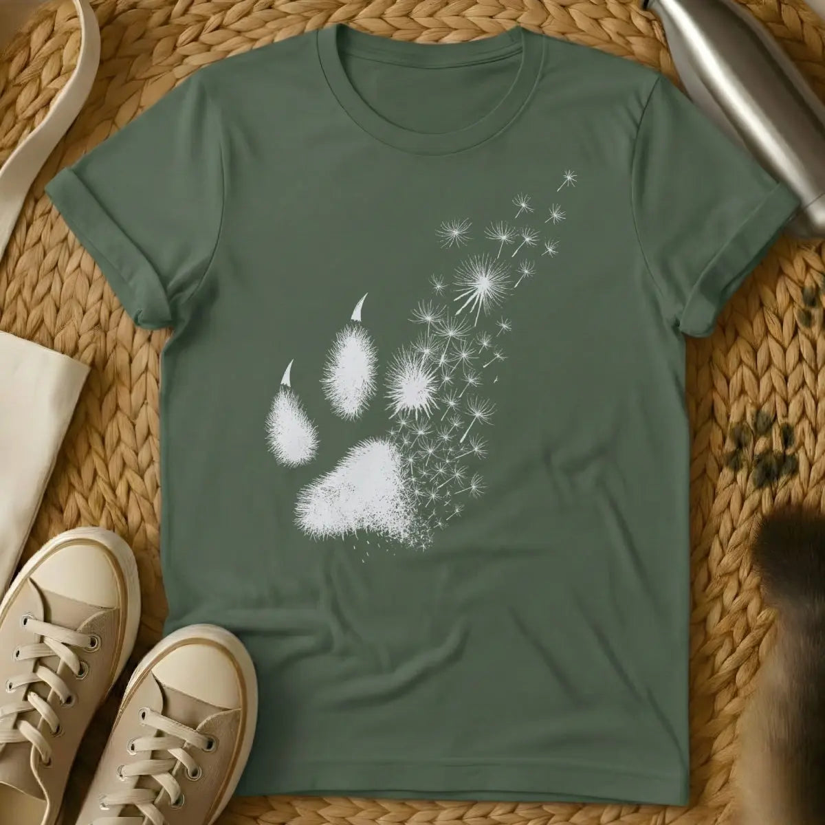 Dandelion Shirt - Military Green T-Shirt - botanical cat, feral spirit, resilient cat