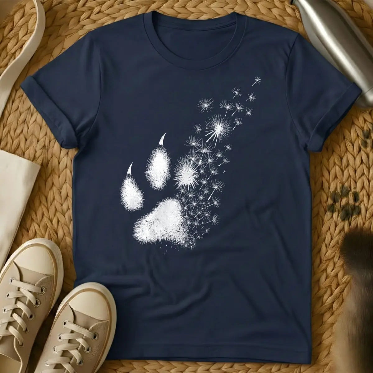 Dandelion Shirt - Navy T-Shirt - botanical cat, feral spirit, resilient cat
