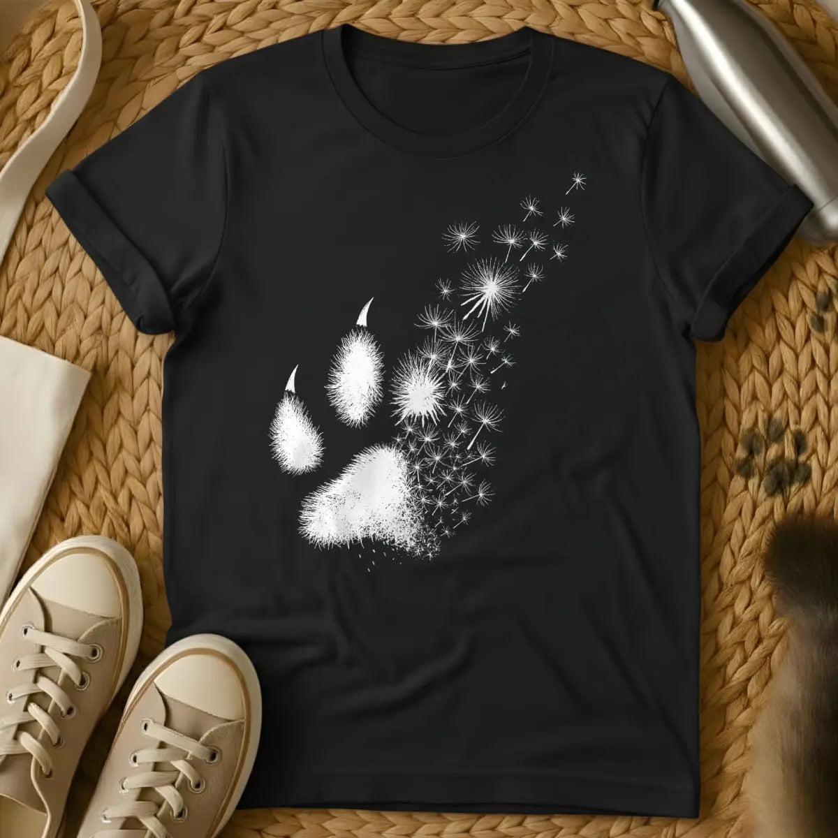 Dandelion Shirt - Black T-Shirt - botanical cat, feral spirit, resilient cat