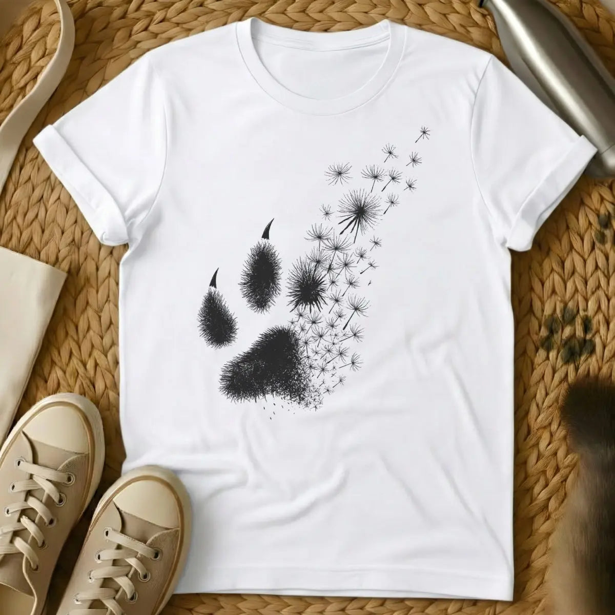 Dandelion Shirt - White T-Shirt - botanical cat, feral spirit, resilient cat