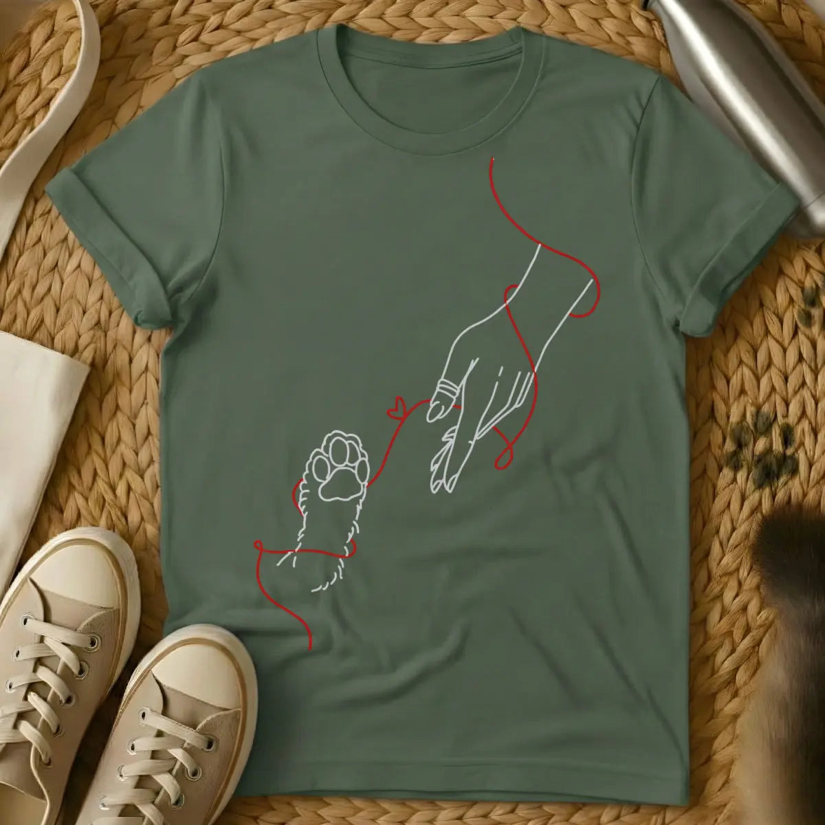 Cat Love Tee - Military Green T-Shirt - heartfelt cat lover, minimalist feline design, paw & heart graphic