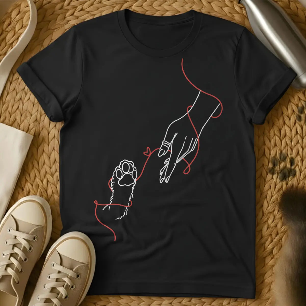 Cat Love Tee - Black T-Shirt - heartfelt cat lover, minimalist feline design, paw & heart graphic
