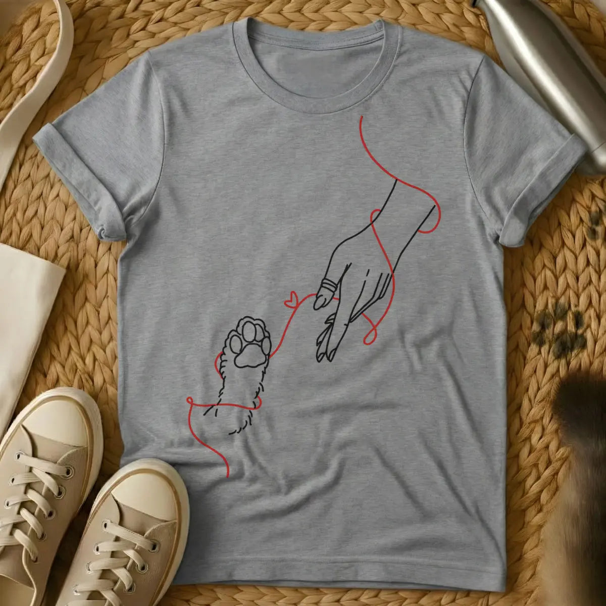 Cat Love Tee - Gray T-Shirt - heartfelt cat lover, minimalist feline design, paw & heart graphic