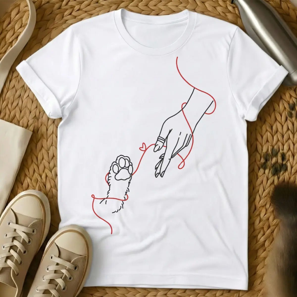Cat Love Tee - White T-Shirt - heartfelt cat lover, minimalist feline design, paw & heart graphic