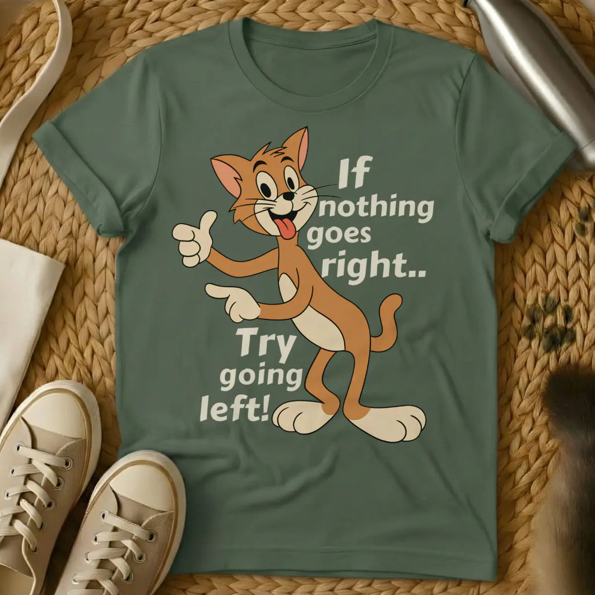 Going Left Cat Tee - Military Green Cat T-Shirt
