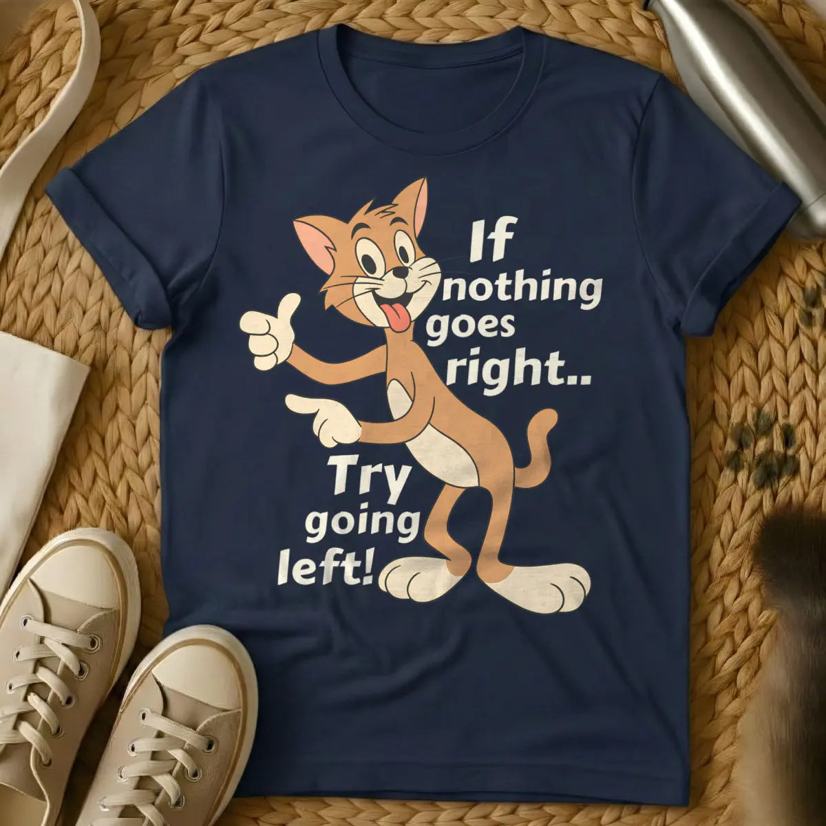 Going Left Cat Tee - Navy Cat T-Shirt