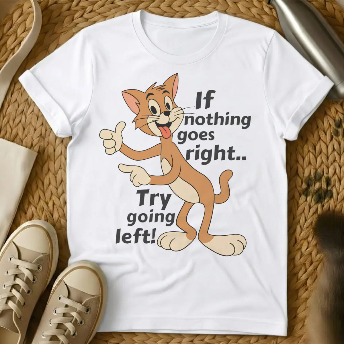 Going Left Cat Tee - White Cat T-Shirt