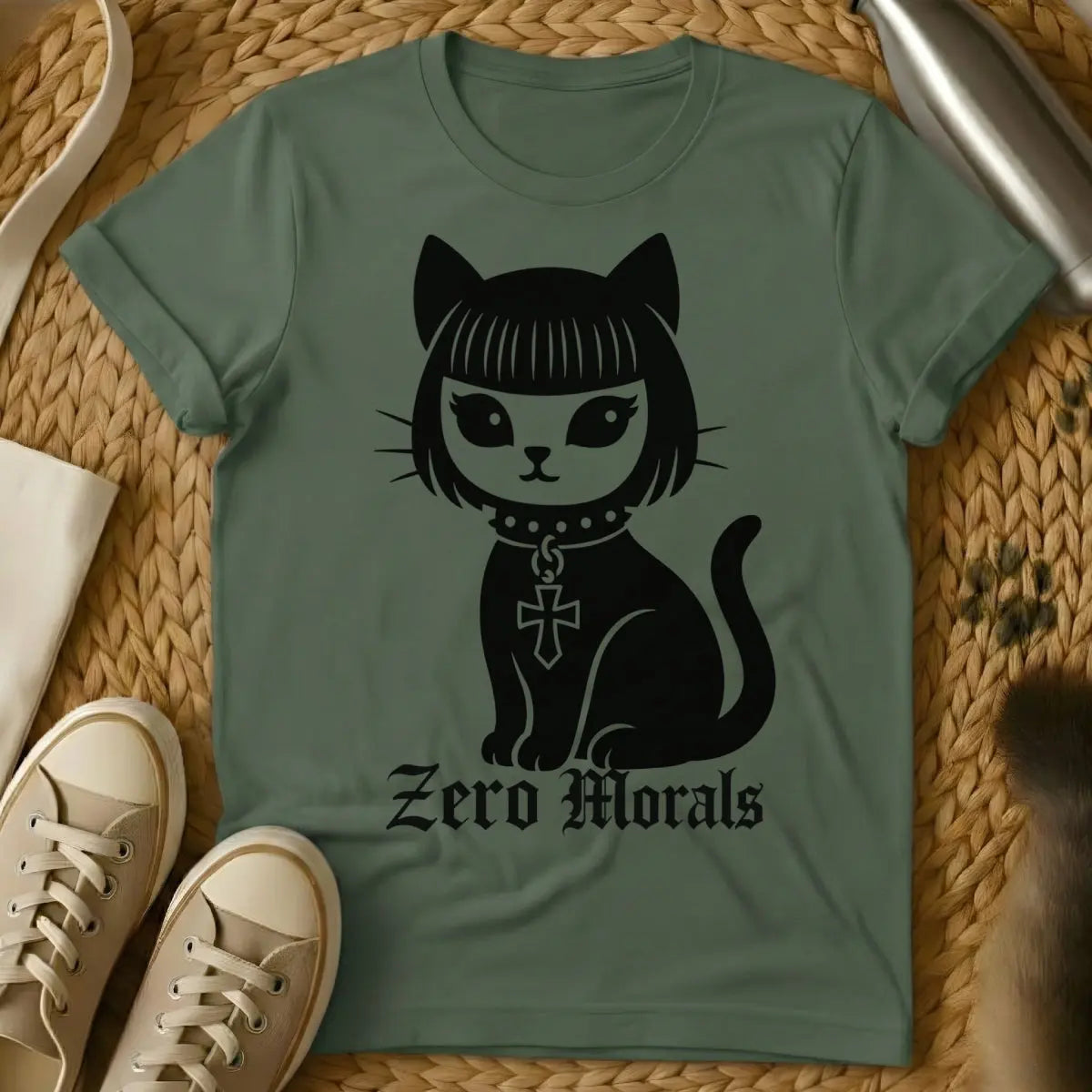 Zero Morals Cat Tee - Military Green Cat T-Shirt
