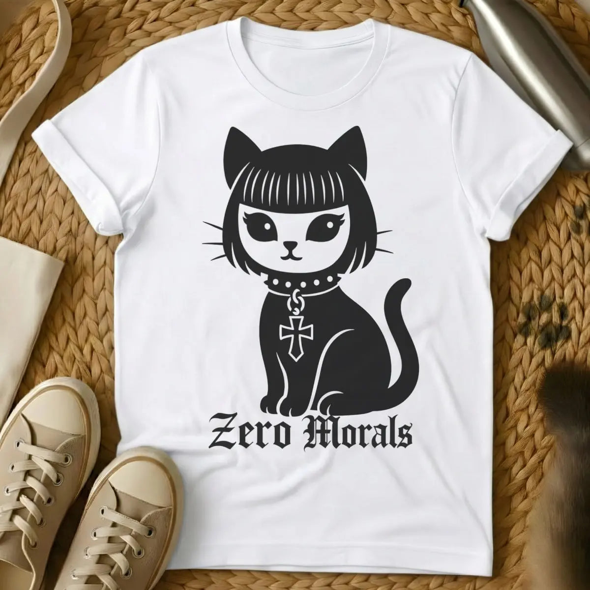 Zero Morals Cat Tee - White Cat T-Shirt