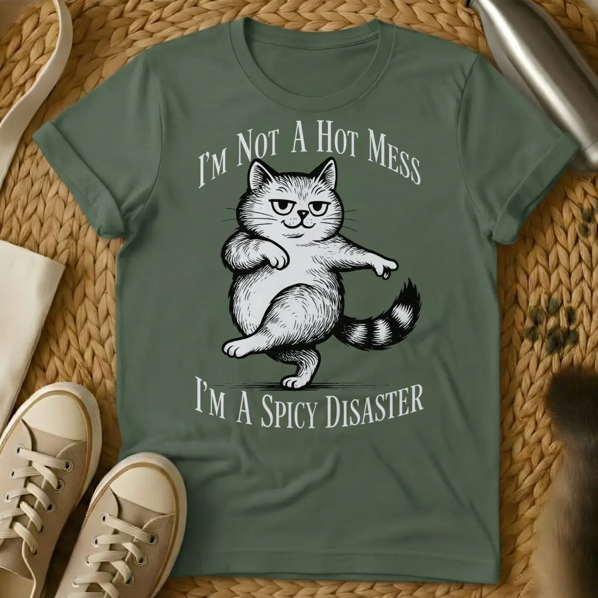 Disaster Cat Shirt - Military Green T-Shirt - catastrophe observer, existential cat humor, ironic emotional support cat