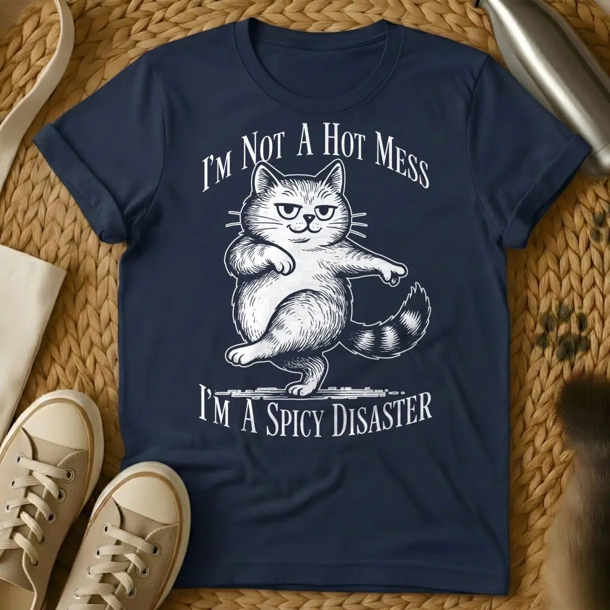 Disaster Cat Shirt - Navy T-Shirt - catastrophe observer, existential cat humor, ironic emotional support cat