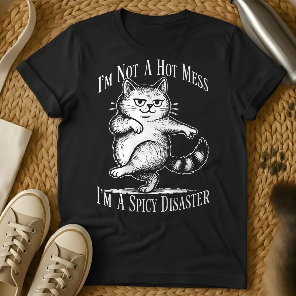 Disaster Cat Shirt - Black T-Shirt - catastrophe observer, existential cat humor, ironic emotional support cat