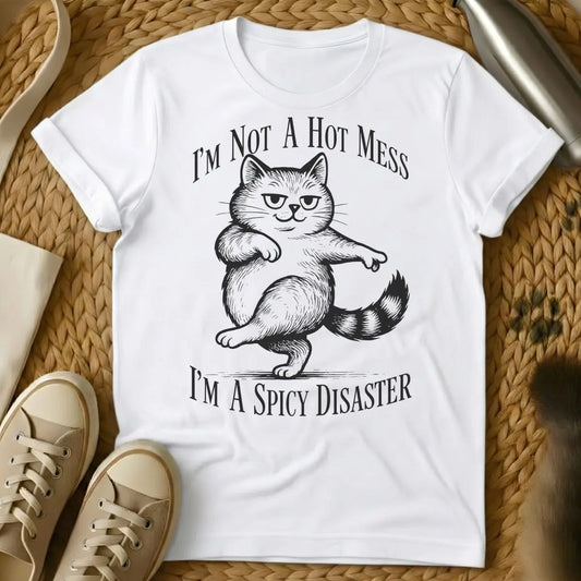 Disaster Cat Shirt - White T-Shirt - catastrophe observer, existential cat humor, ironic emotional support cat