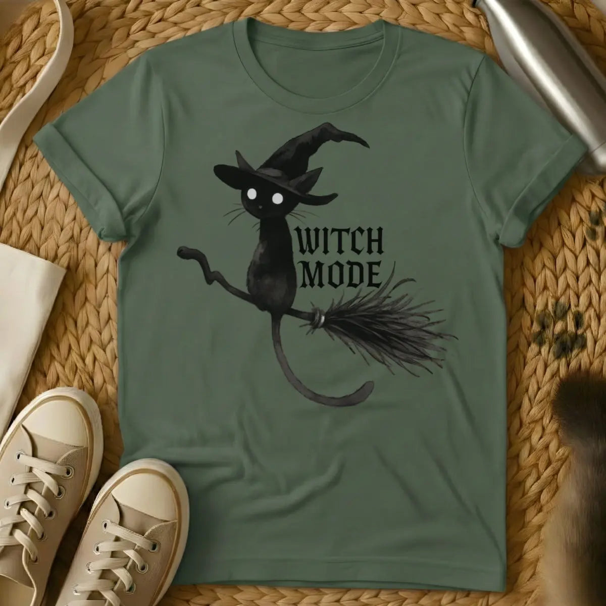 Witch Cat Shirt - Military Green Cat T-Shirt