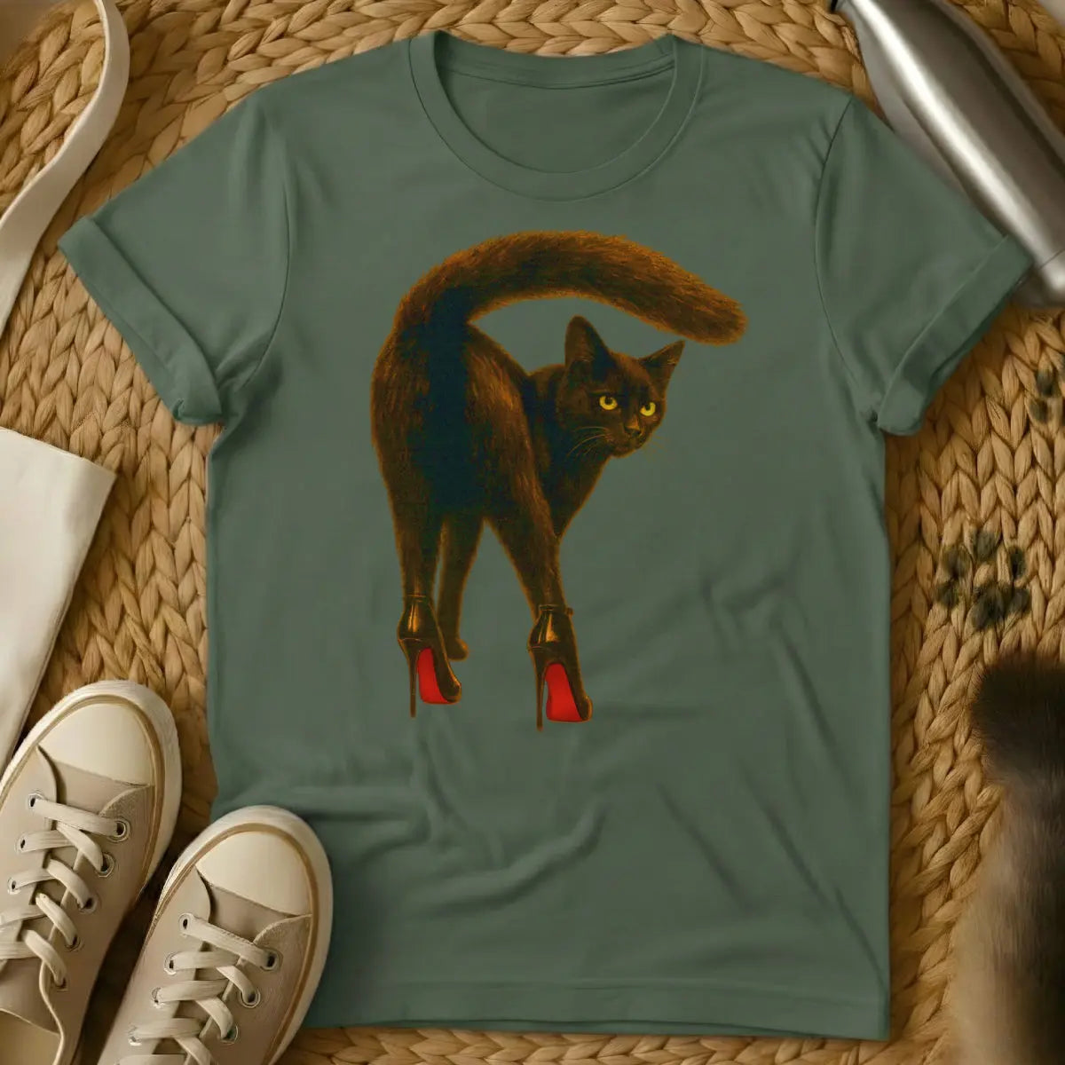 High Heels Cat Shirt - Military Green Cat T-Shirt