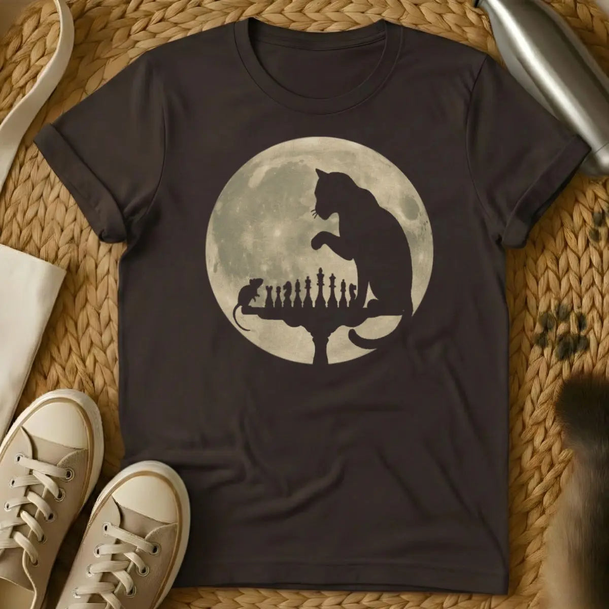 Chess Cat Shirt - Dark Chocolate T-Shirt - board game disruption, chess player humor, mischievous feline