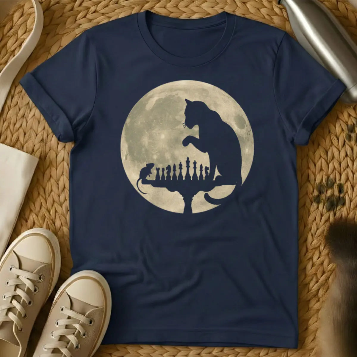 Chess Cat Shirt - Navy T-Shirt - board game disruption, chess player humor, mischievous feline