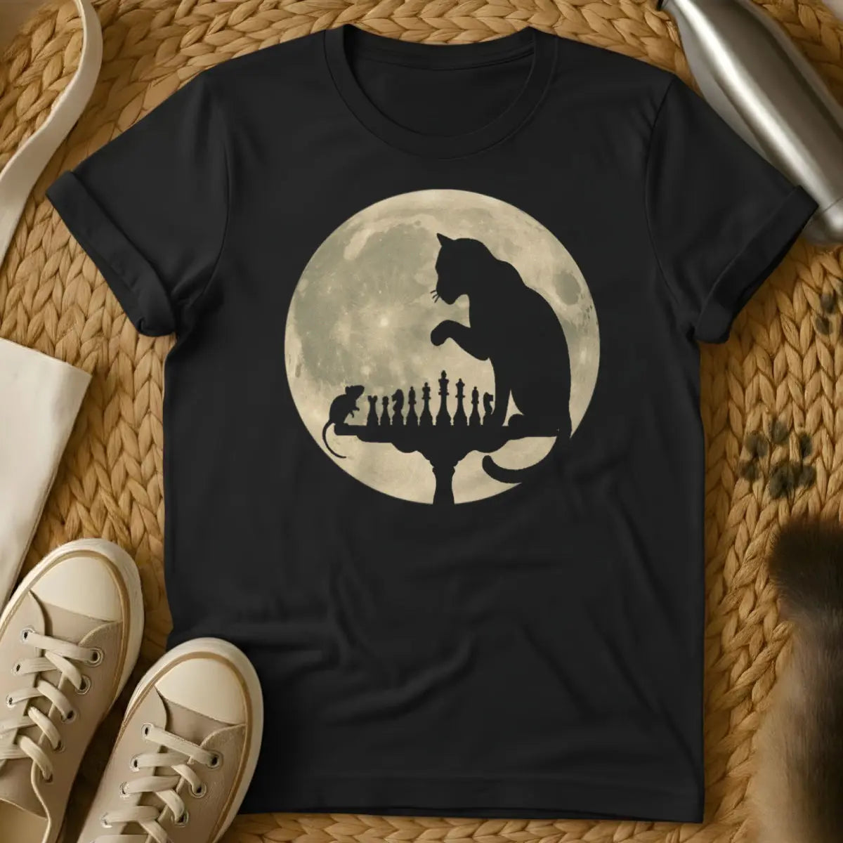 Chess Cat Shirt - Black T-Shirt - board game disruption, chess player humor, mischievous feline