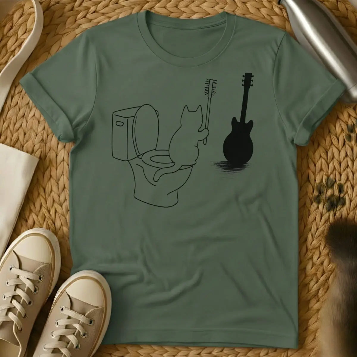 Guitar Cat Shirt - Military Green Cat T-Shirt