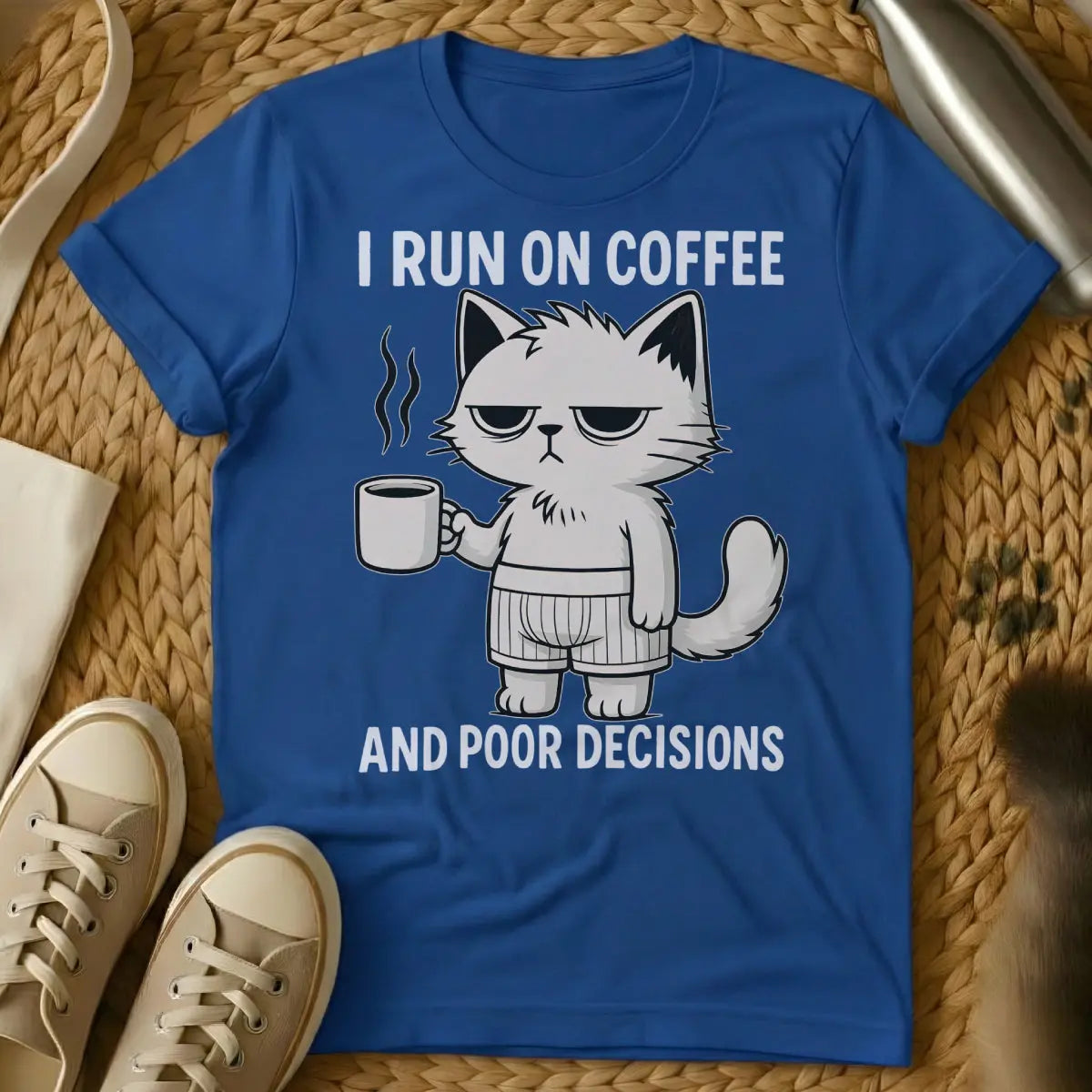 Coffee Cat Shirt - Blue T-Shirt - caffeine lover, cat parent life, hygge aesthetic