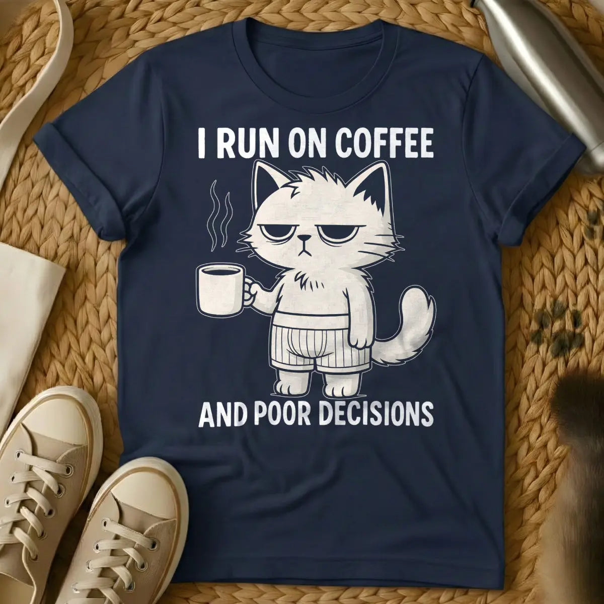 Coffee Cat Shirt - Navy T-Shirt - caffeine lover, cat parent life, hygge aesthetic