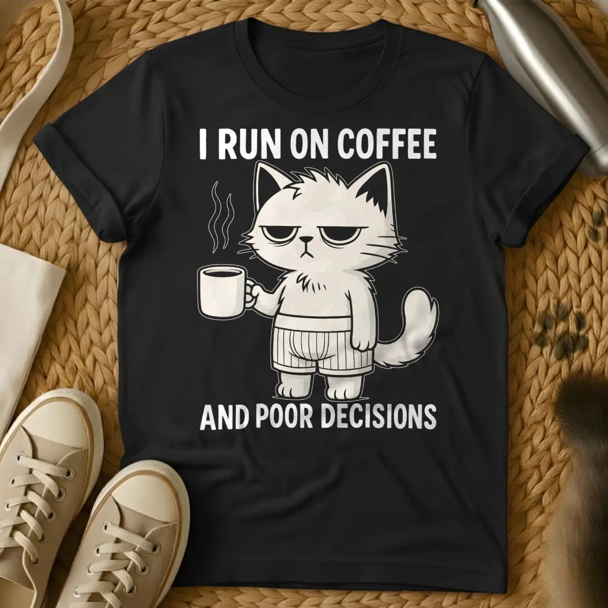 Coffee Cat Shirt - Black T-Shirt - caffeine lover, cat parent life, hygge aesthetic