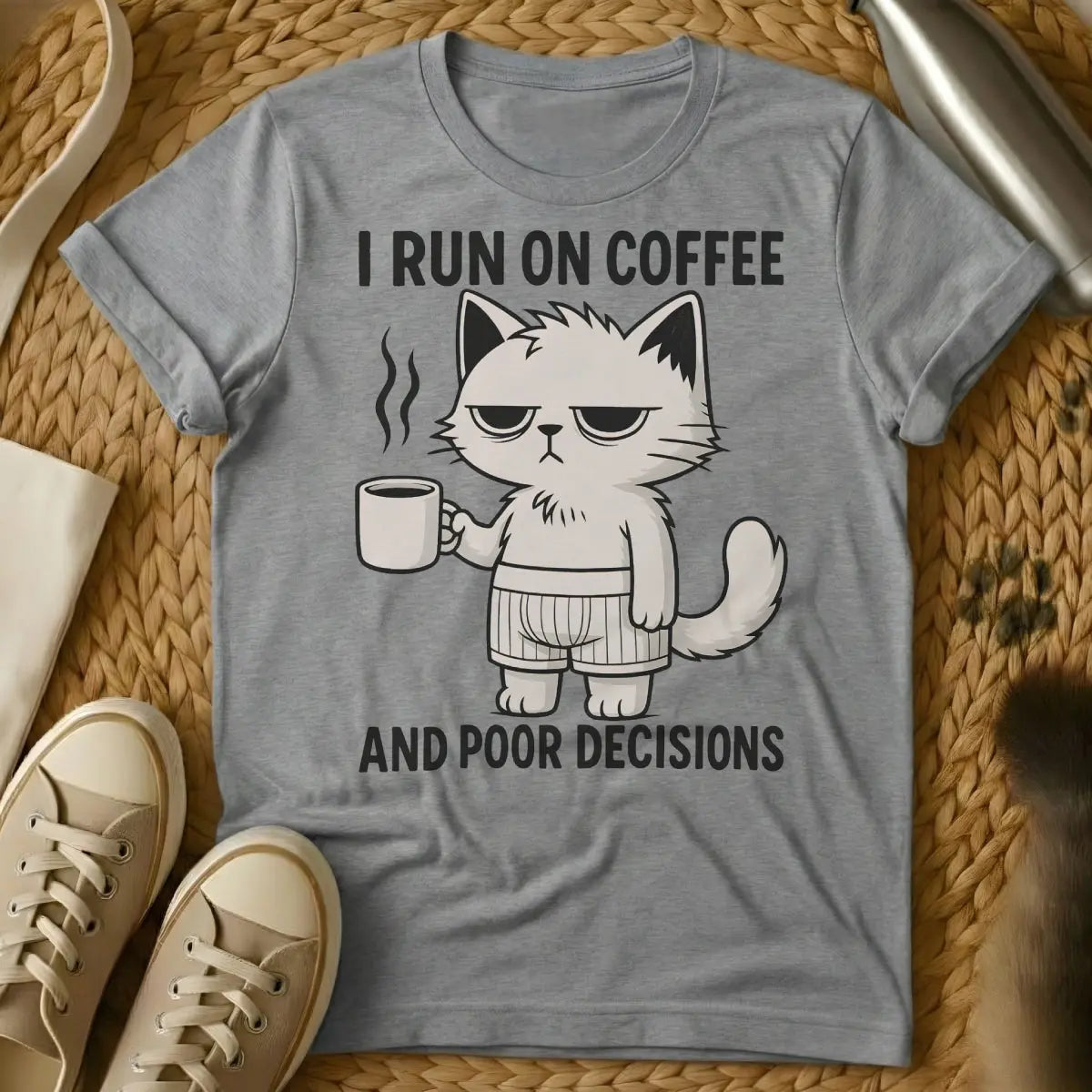 Coffee Cat Shirt - Gray T-Shirt - caffeine lover, cat parent life, hygge aesthetic