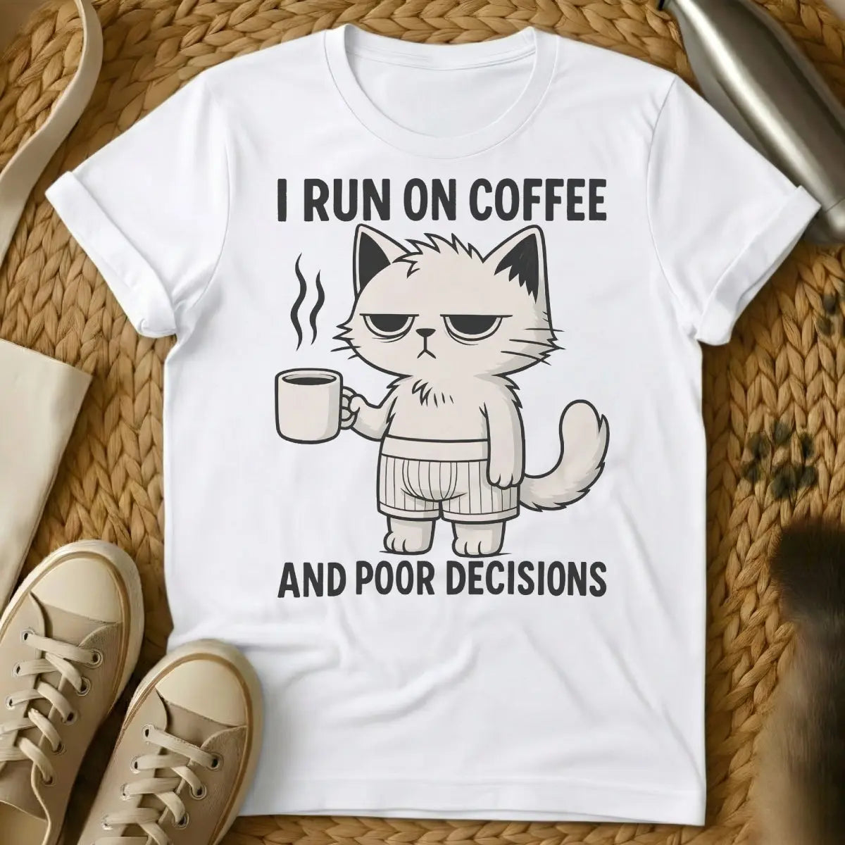 Coffee Cat Shirt - White T-Shirt - caffeine lover, cat parent life, hygge aesthetic