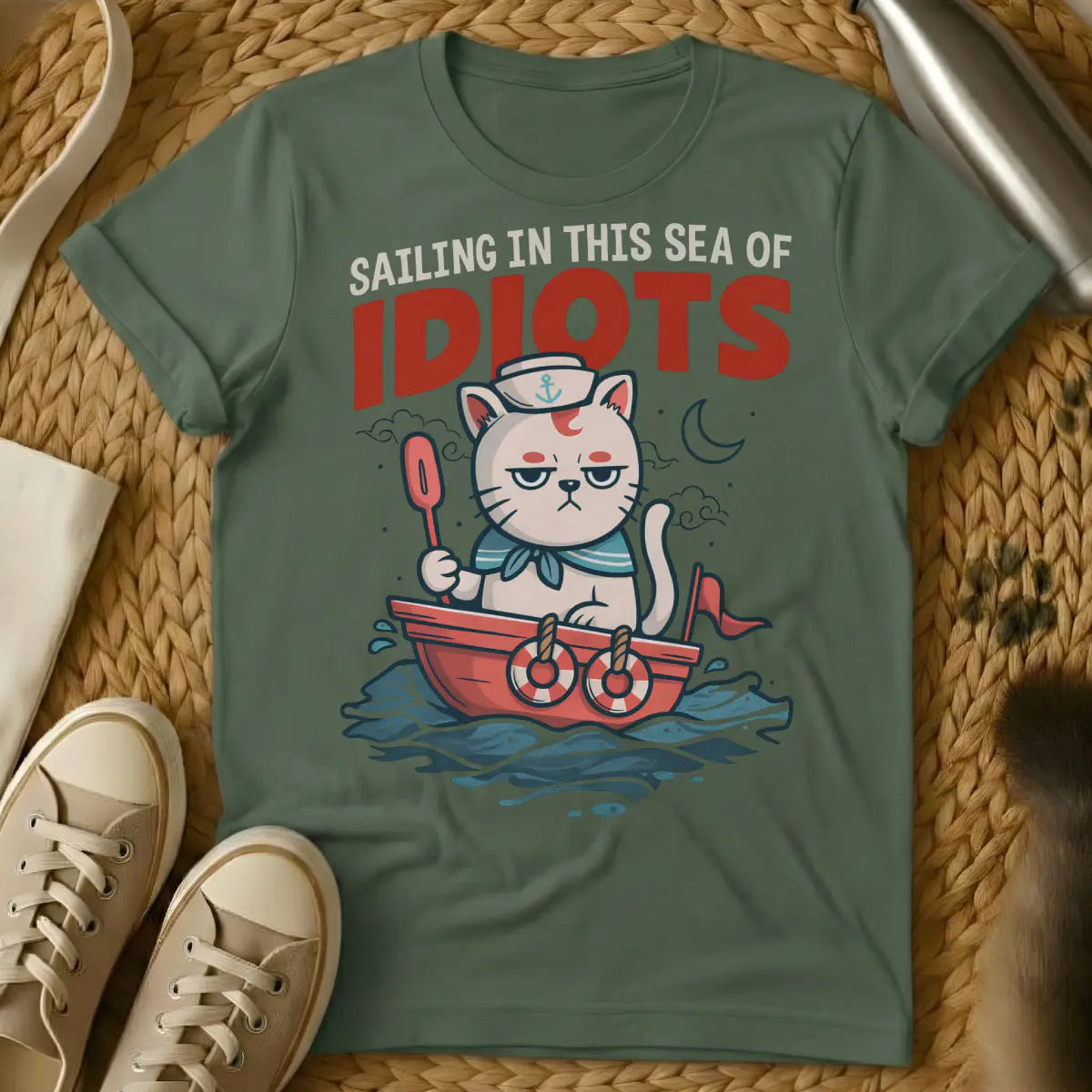 Idiots Shirt - Military Green Cat T-Shirt