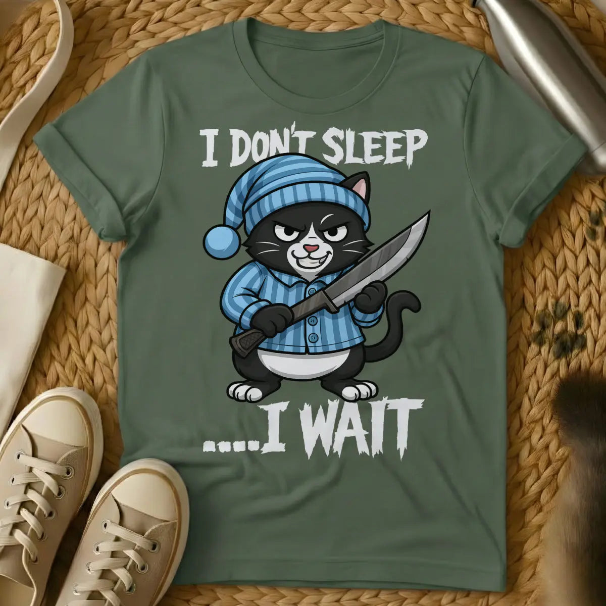 I Wait Shirt - Military Green Cat T-Shirt