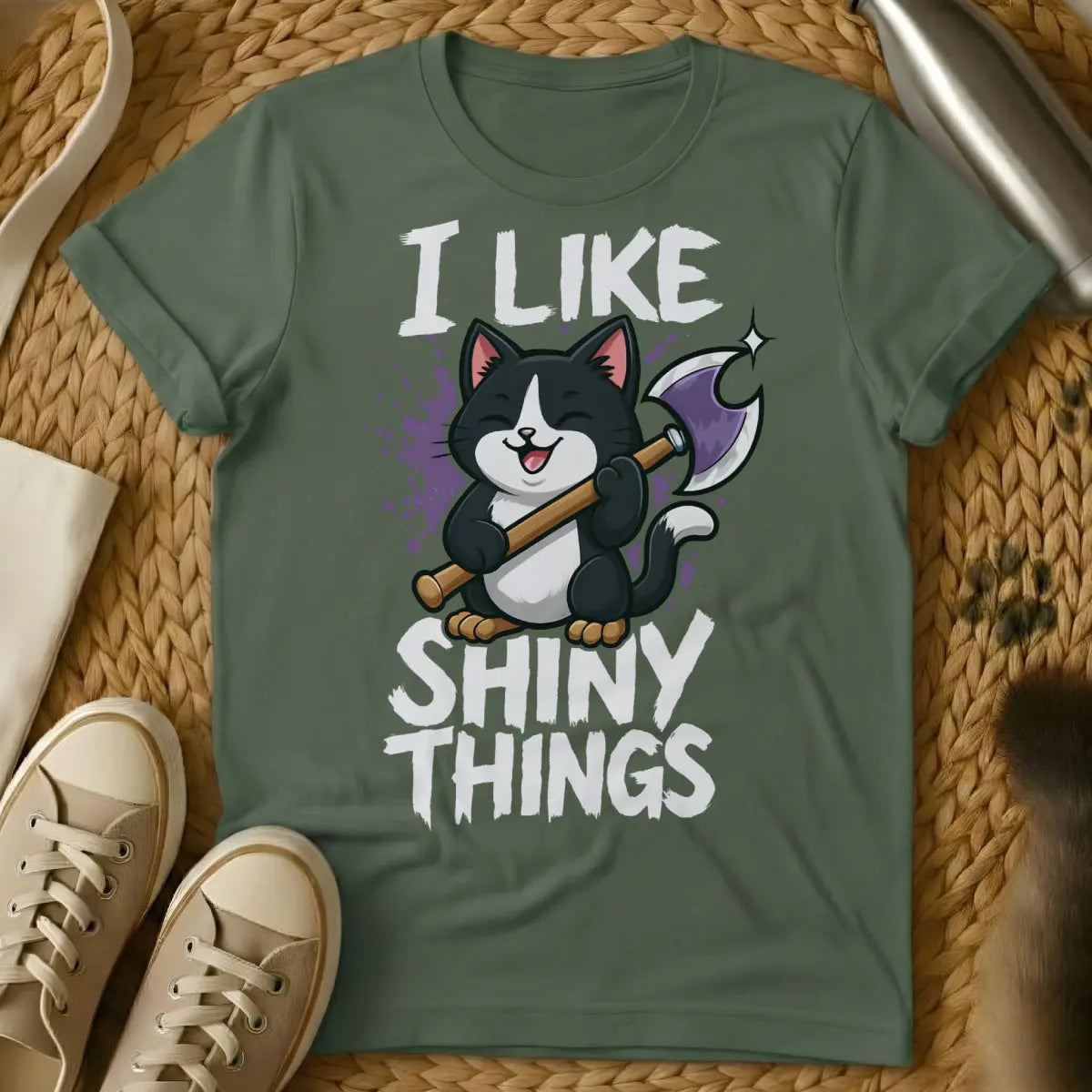 Shiny Things Shirt - Military Green Cat T-Shirt