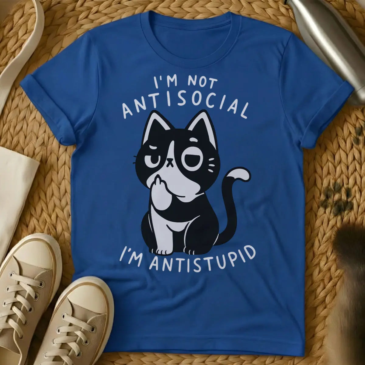 Antisocial Cat Shirt - Blue T-Shirt - homebody apparel, introvert cat parent, introvert humor
