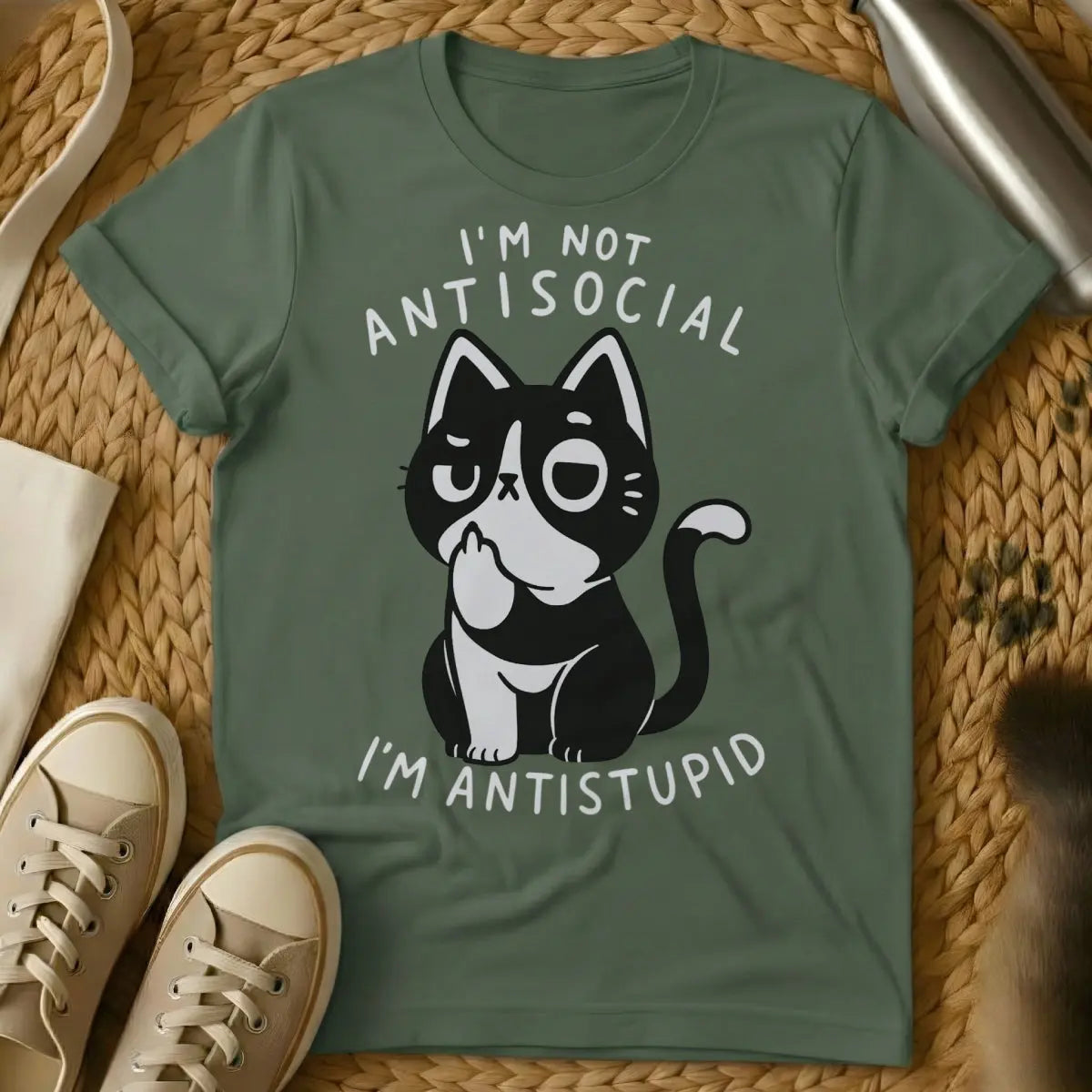 Antisocial Cat Shirt - Military Green T-Shirt - homebody apparel, introvert cat parent, introvert humor