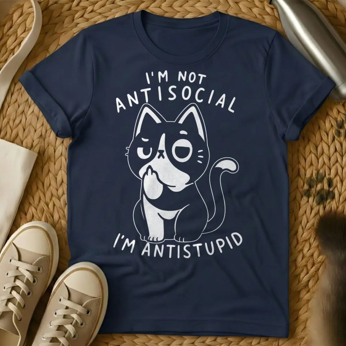 Antisocial Cat Shirt - Navy T-Shirt - homebody apparel, introvert cat parent, introvert humor