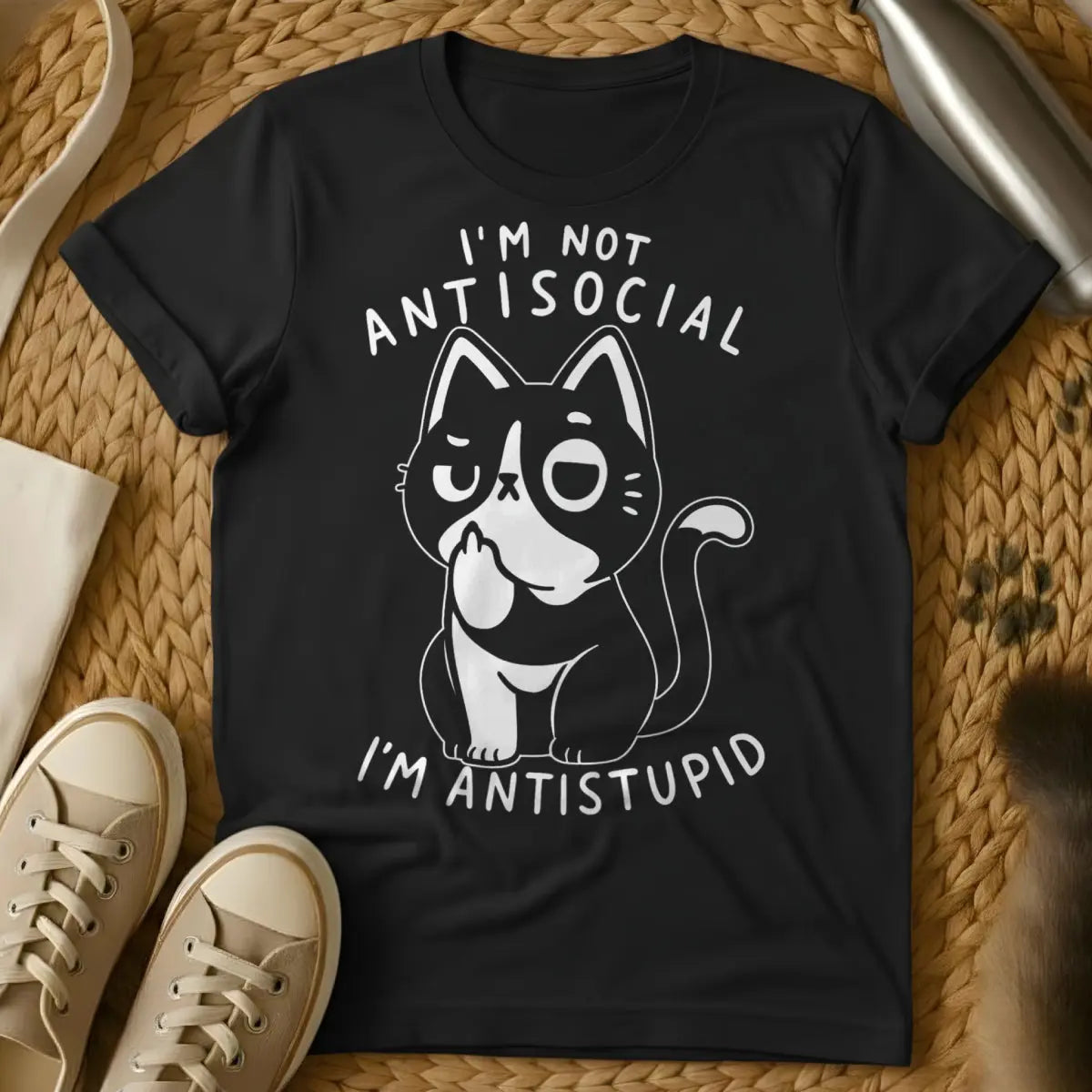 Antisocial Cat Shirt - Black T-Shirt - homebody apparel, introvert cat parent, introvert humor