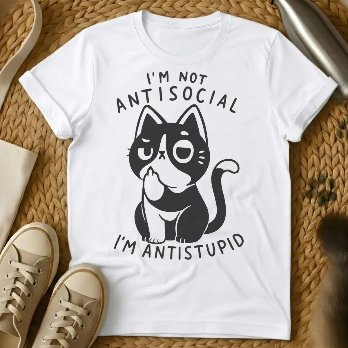 Antisocial Cat Shirt - White T-Shirt - homebody apparel, introvert cat parent, introvert humor