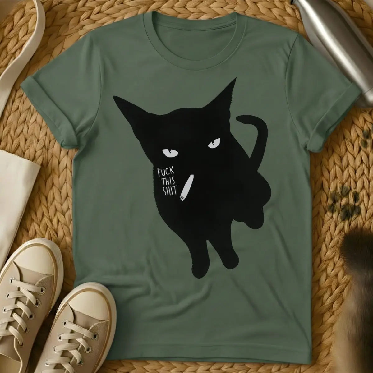 Smoking Cat T Shirt - Military Green Cat T-Shirt