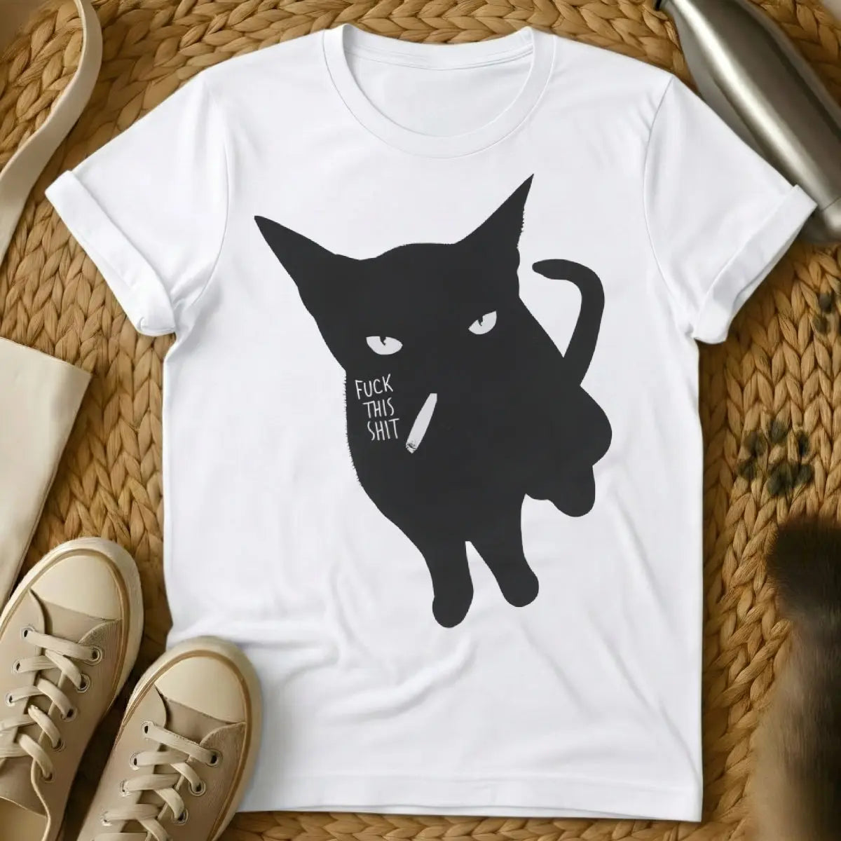 Smoking Cat T Shirt - White Cat T-Shirt