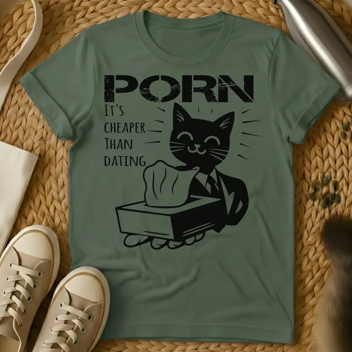 Porn Shirt - Military Green Cat T-Shirt