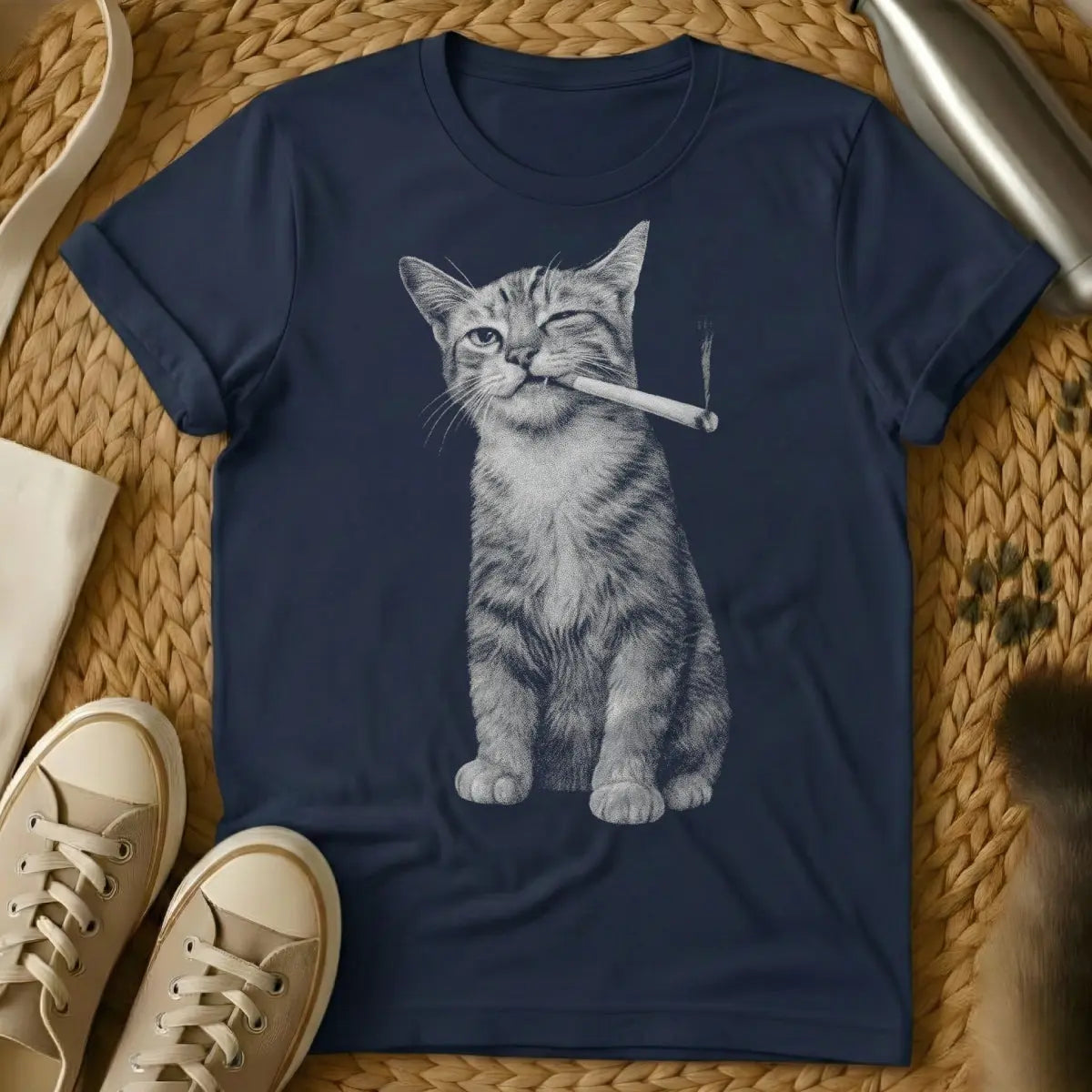 Smoking Cat Tee - Navy Cat T-Shirt