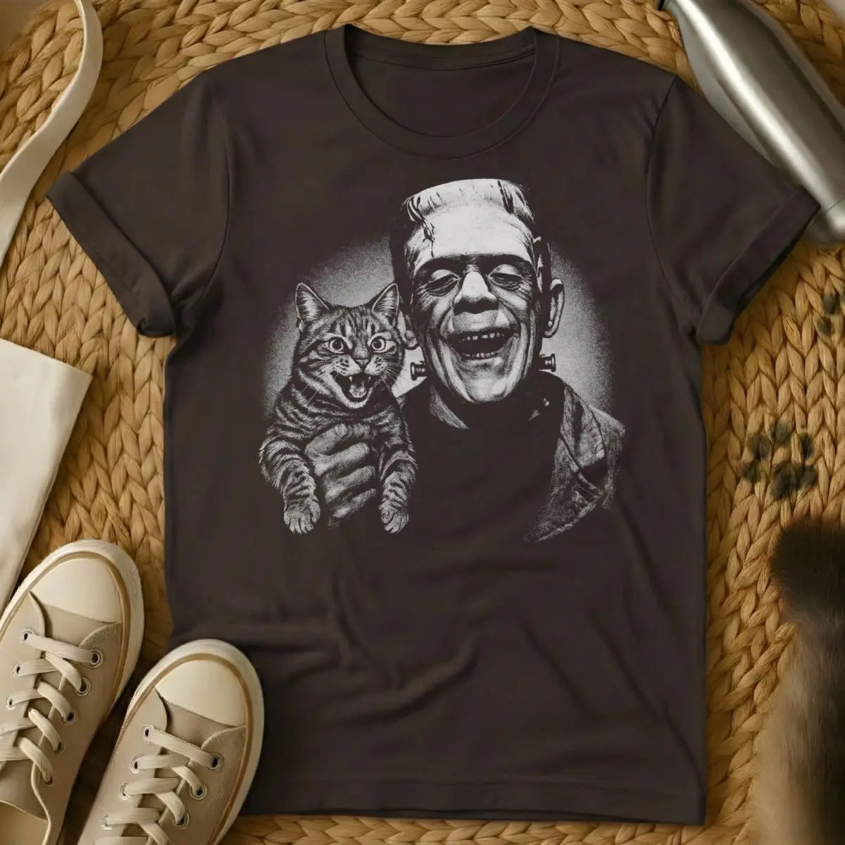 Frankenstein Cat Shirt - Dark Chocolate T-Shirt - gothic horror cat, literary monster art, reanimated pet