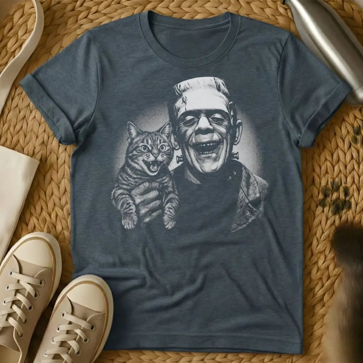 Frankenstein Cat Shirt - Dark Heather T-Shirt - gothic horror cat, literary monster art, reanimated pet