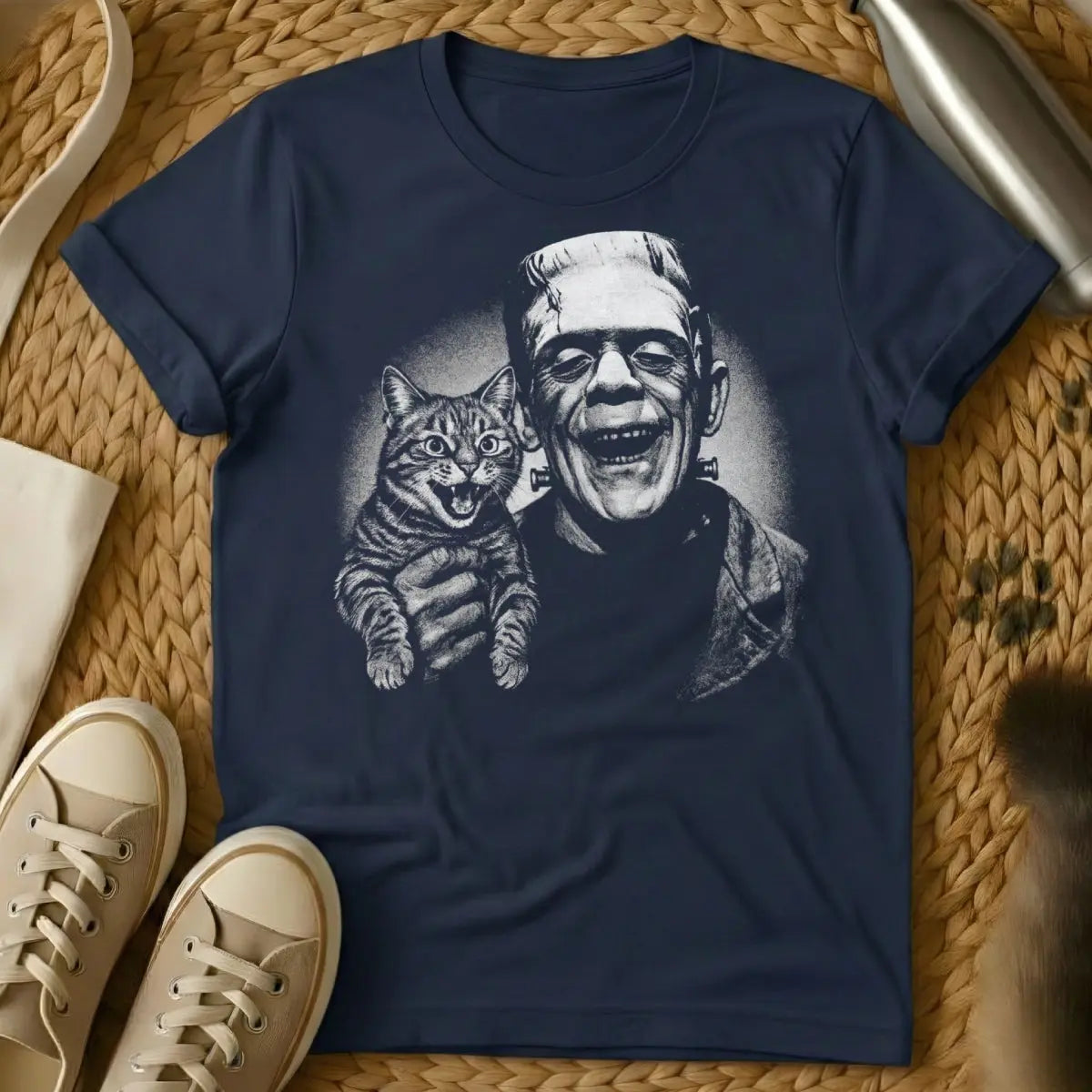 Frankenstein Cat Shirt - Navy T-Shirt - gothic horror cat, literary monster art, reanimated pet