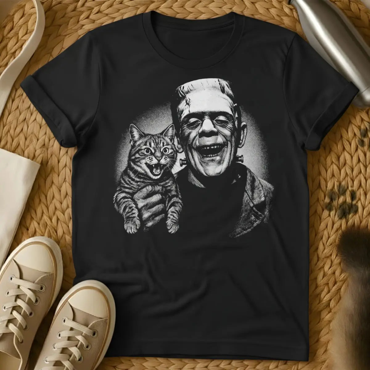 Frankenstein Cat Shirt - Black T-Shirt - gothic horror cat, literary monster art, reanimated pet