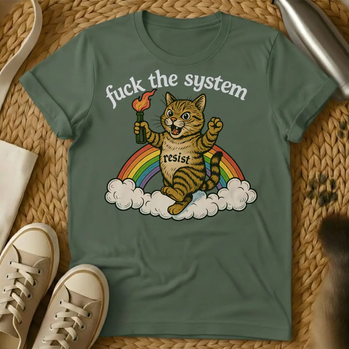 Resist Cat Shirt - Military Green Cat T-Shirt